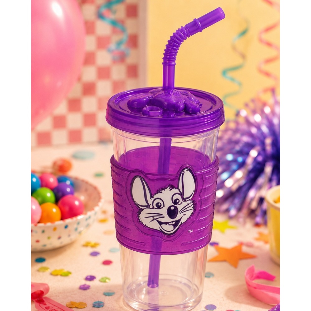 Chuck E Cheese Purple Souvenir Cup Removable Sleeve‎ Lid 2021 Flawed Straw
